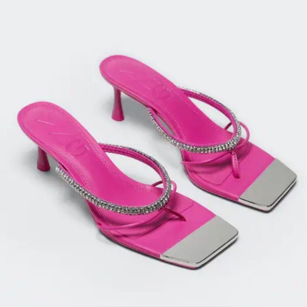282. NWT - Mango (MNG) Hot Pink Rhinestone Strap Mules with Silver Toe Accent